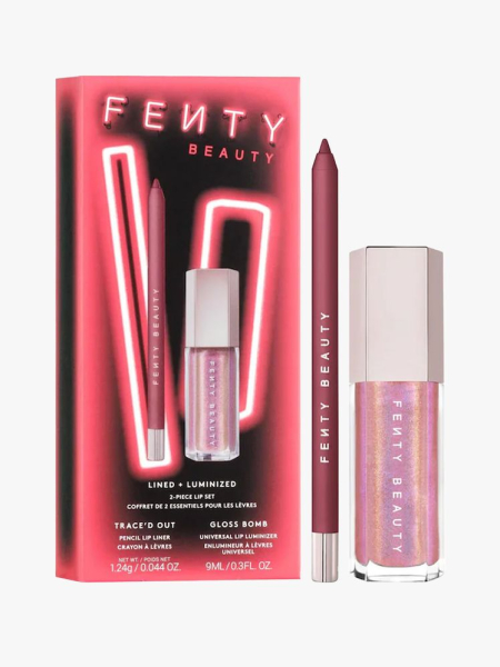 Fenty Beauty Lined + Luminized Lip Set in branded components on a light gray background