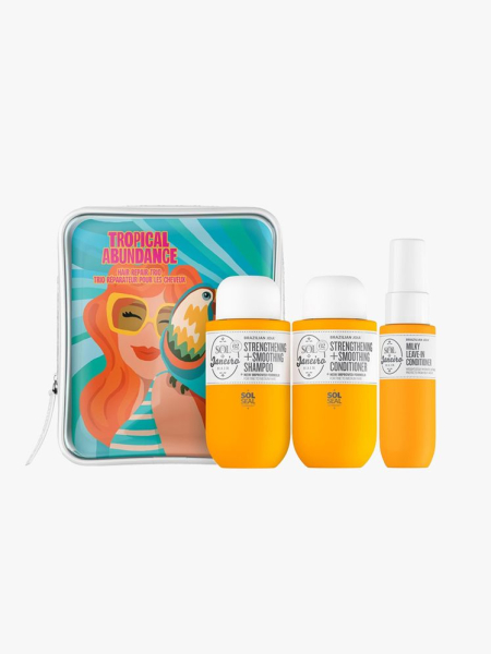 Sol de Janeiro Tropical Abundance Hair Repair Trio Travel Set in branded components on a light gray background